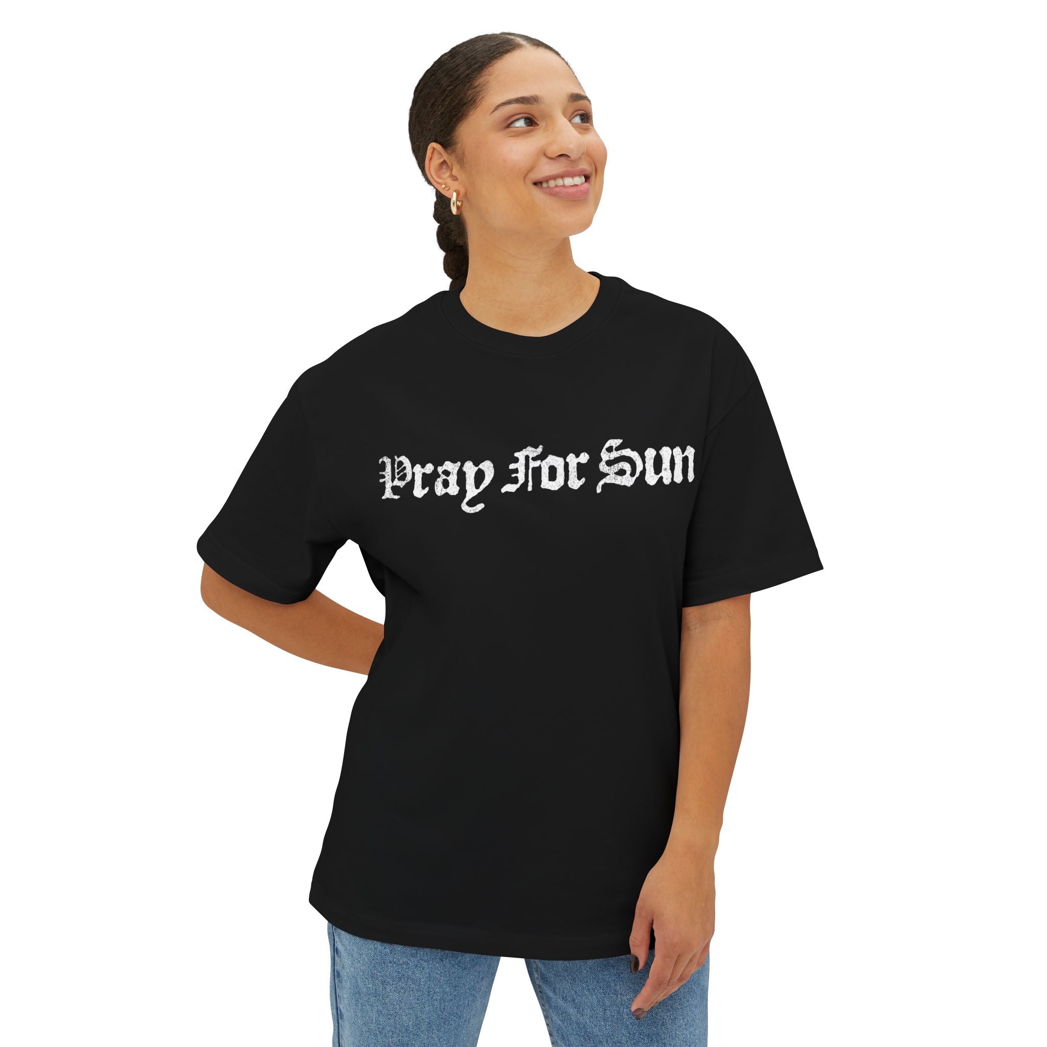 Pray for Sun Boxy Tee — Gothic Script Black Oversized T‑Shirt