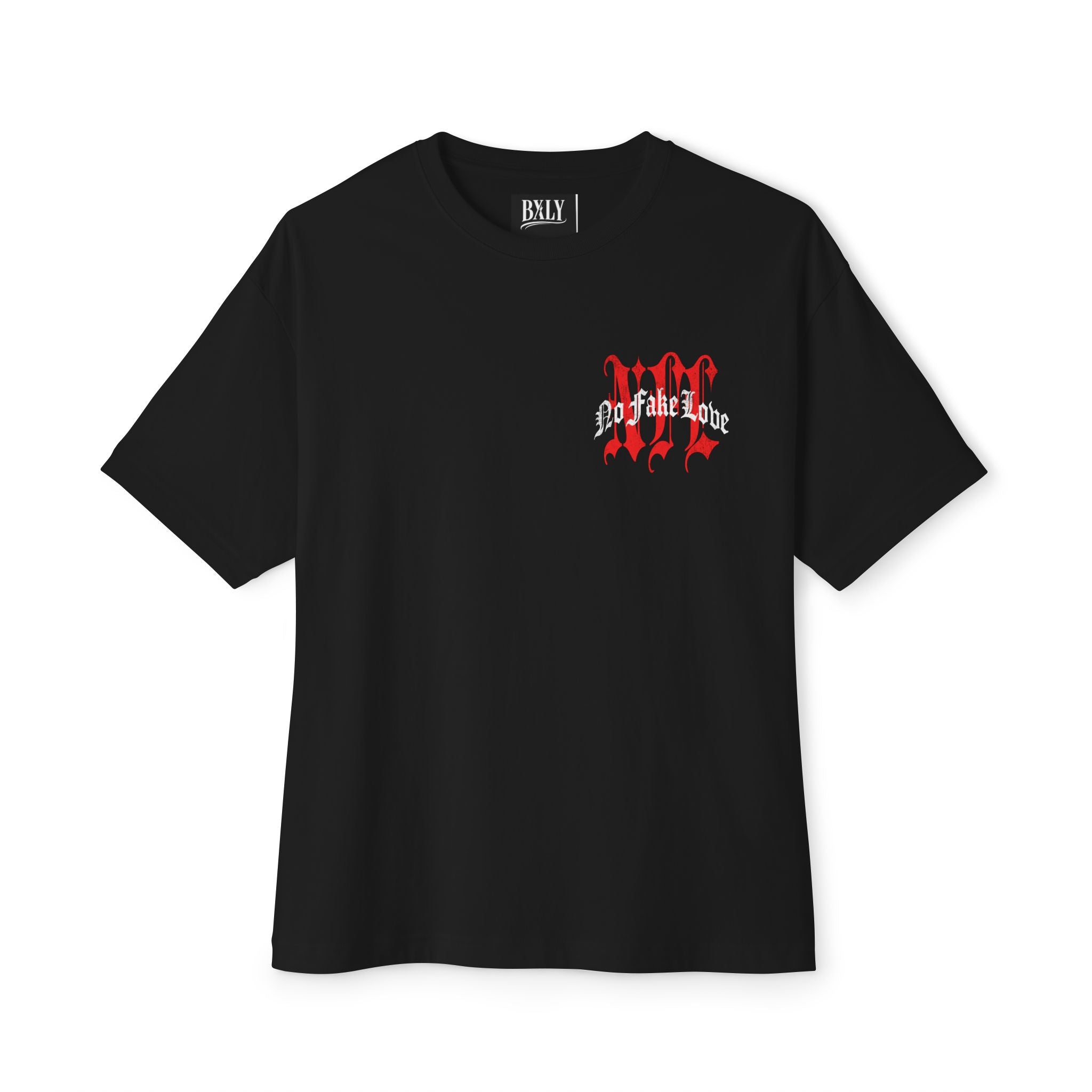 No Fake Love Tee — Gothic Red & White Graphic Boxy T‑Shirt