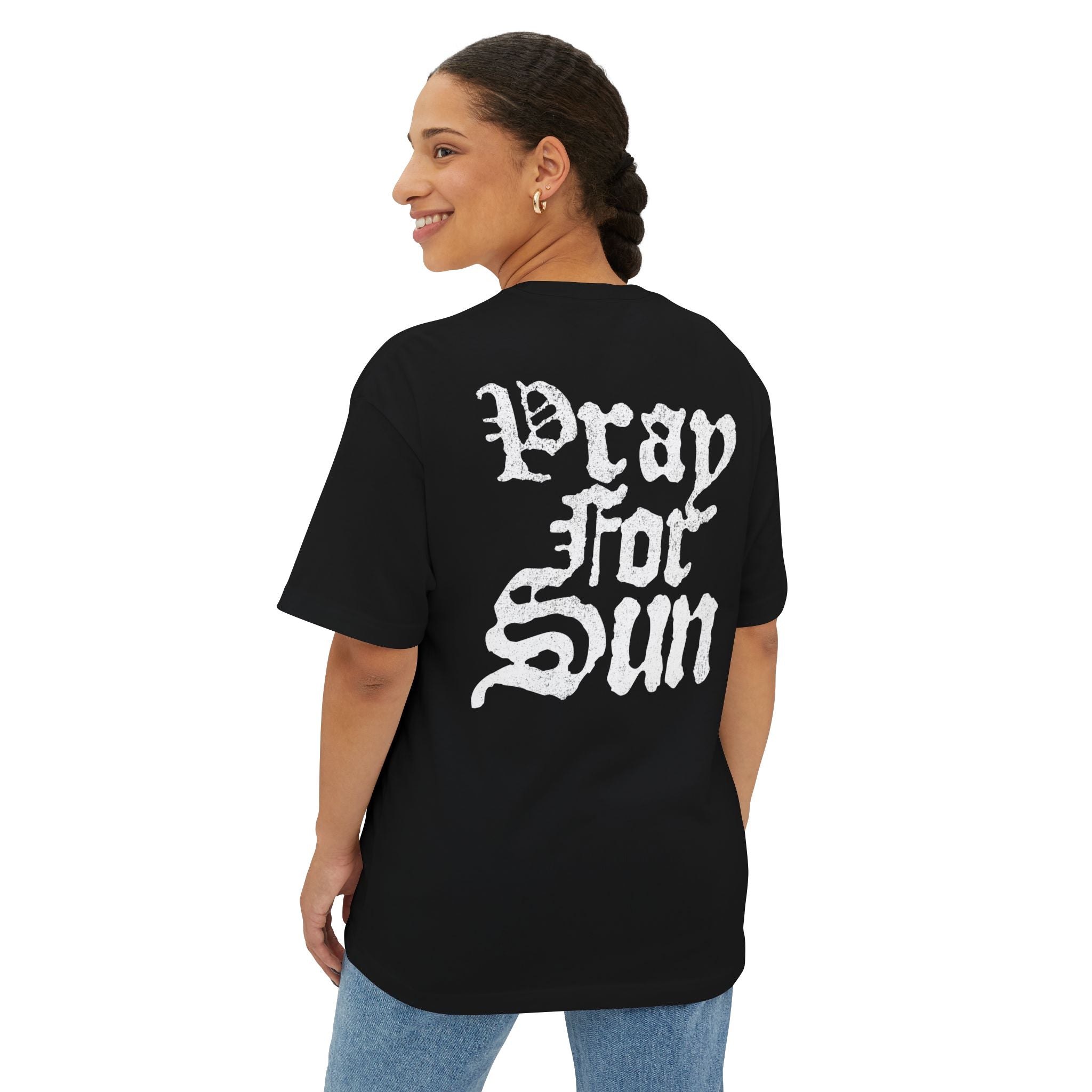 Pray for Sun Boxy Tee — Gothic Script Black Oversized T‑Shirt