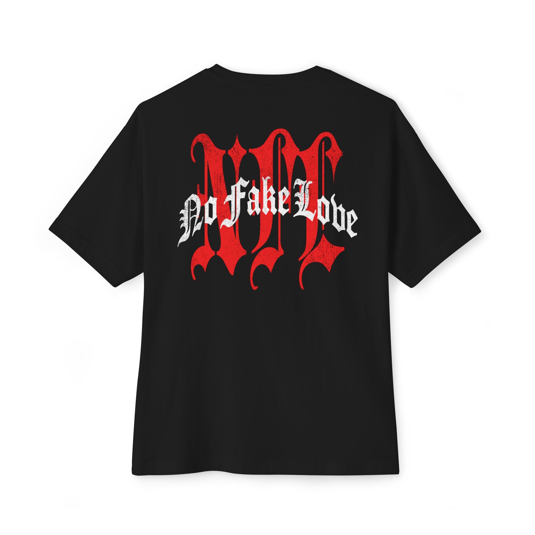 No Fake Love Tee — Gothic Red & White Graphic Boxy T‑Shirt