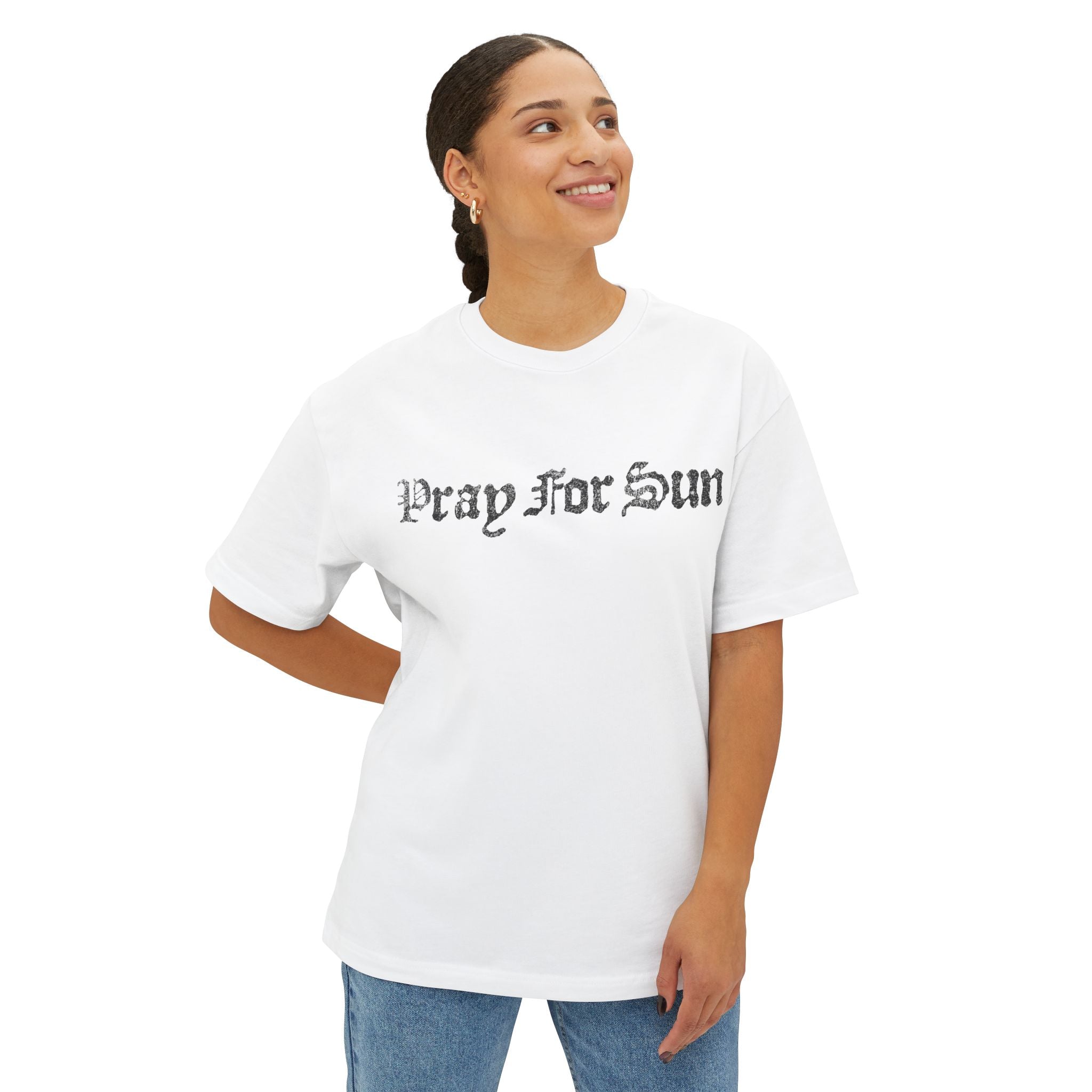 Pray For Sun Graphic Tee — Gothic Text Oversized Boxy T-Shirt