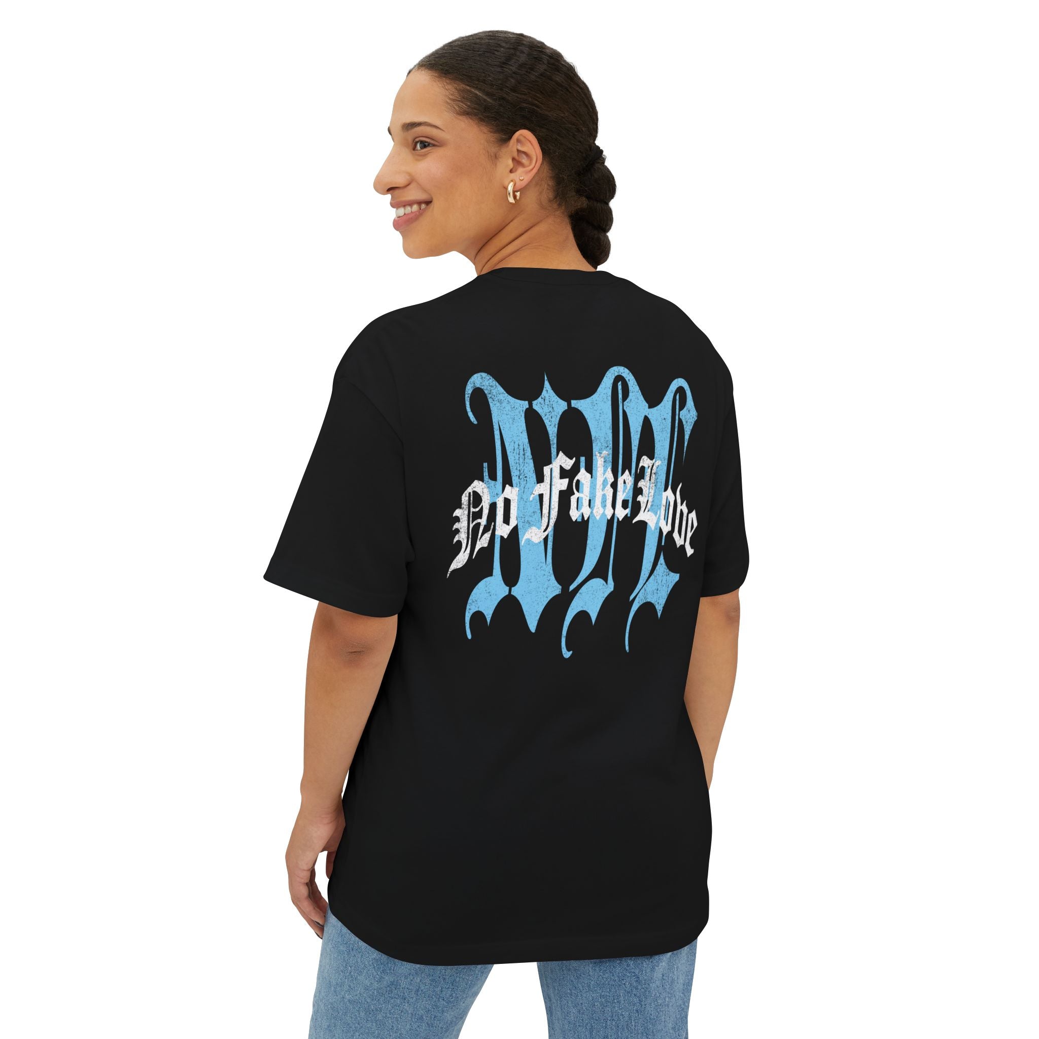 No Fake Love Oversized Boxy Tee Black/Baby Blue/White