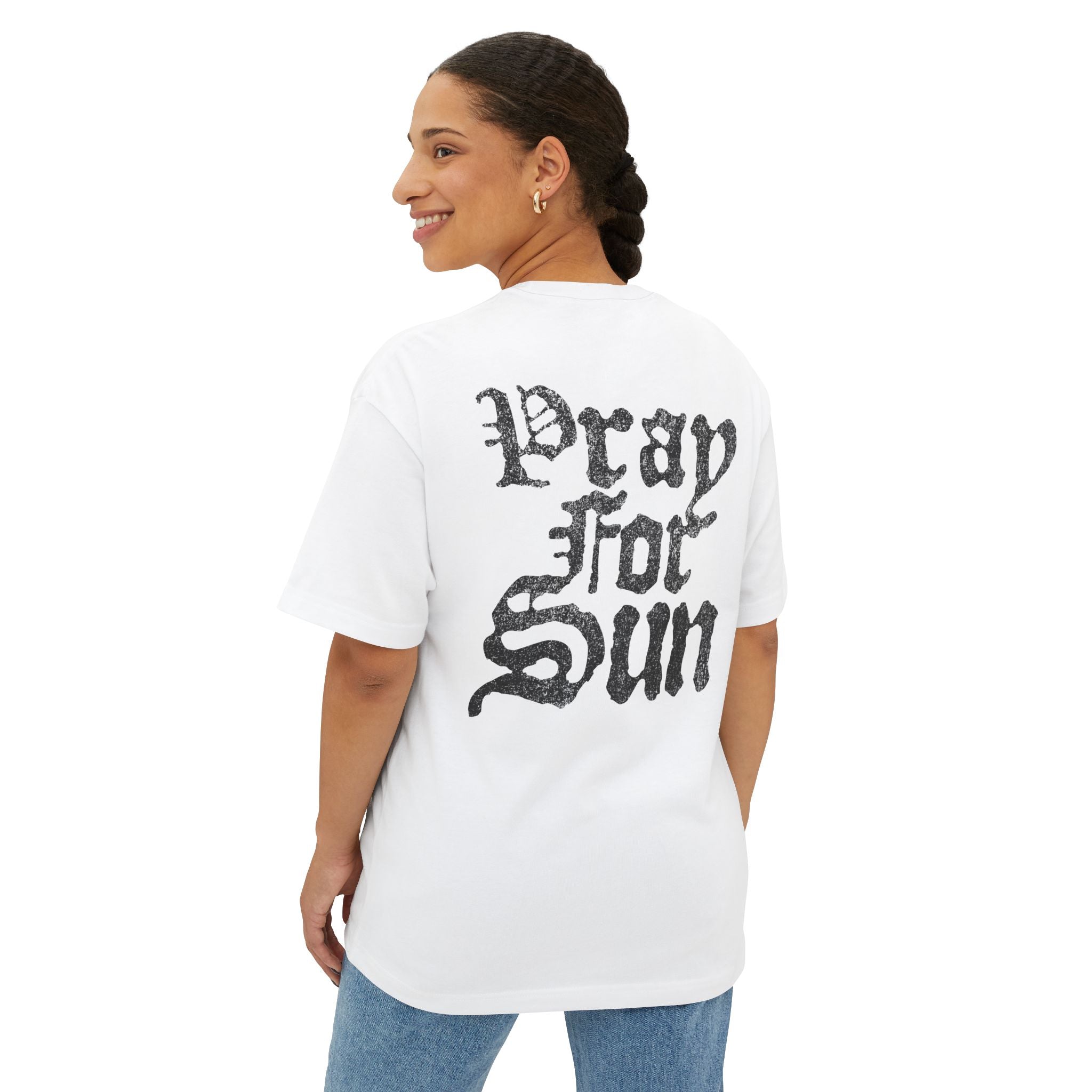 Pray For Sun Graphic Tee — Gothic Text Oversized Boxy T-Shirt