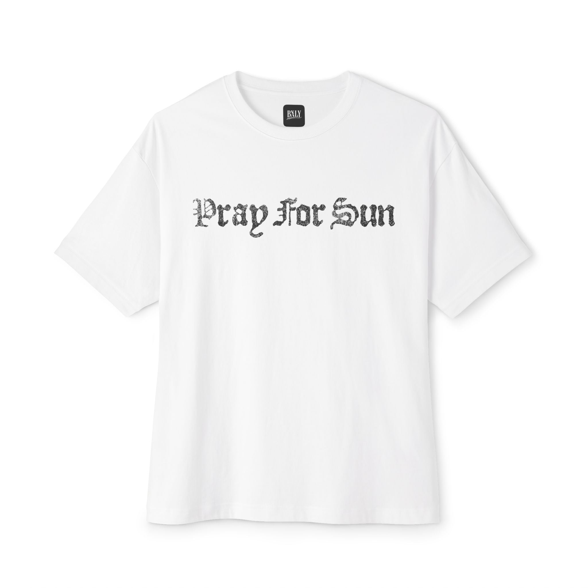 Pray For Sun Graphic Tee — Gothic Text Oversized Boxy T-Shirt