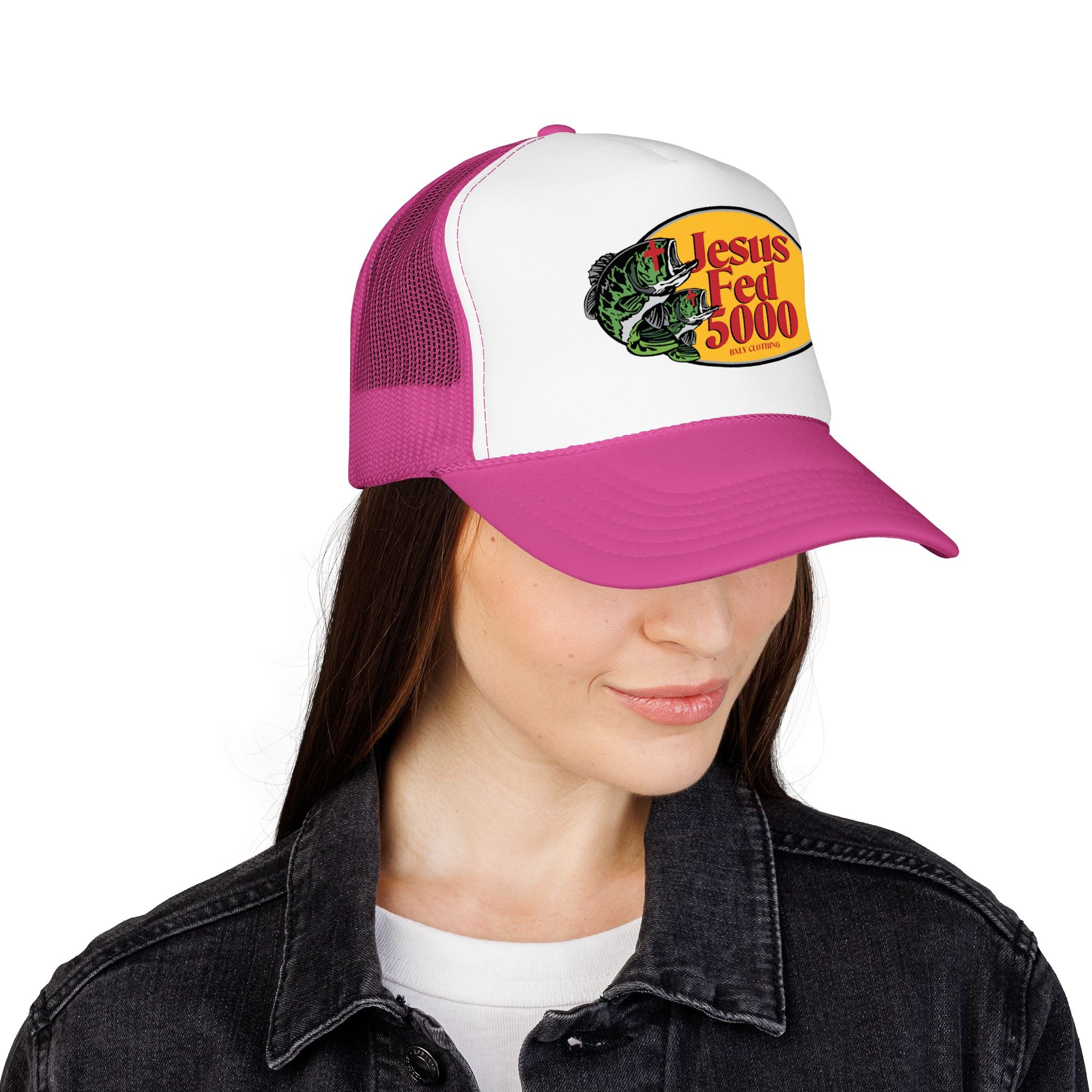 Jesus Fed 5000 Trucker Hat Hot Pink/White