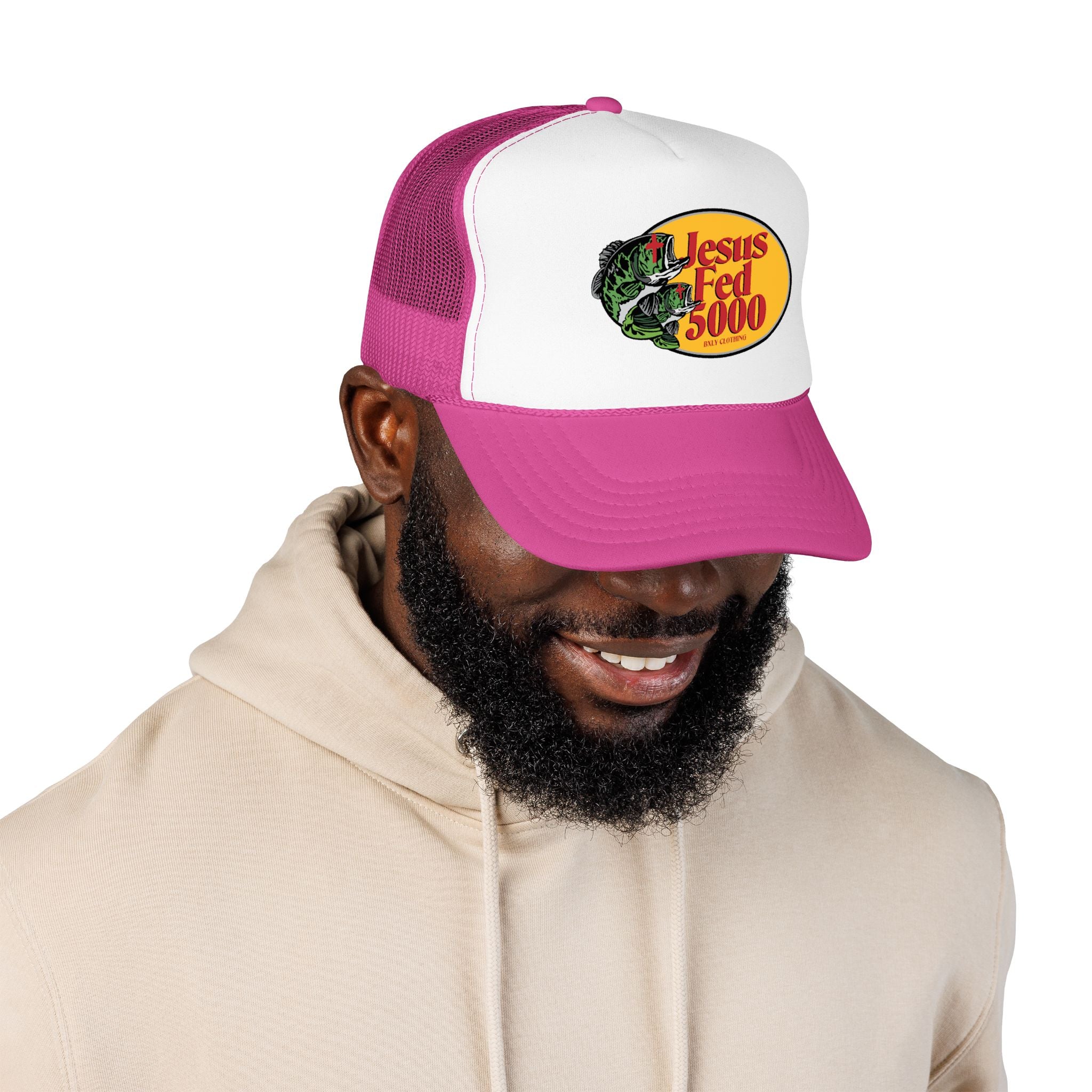 Jesus Fed 5000 Trucker Hat Hot Pink/White