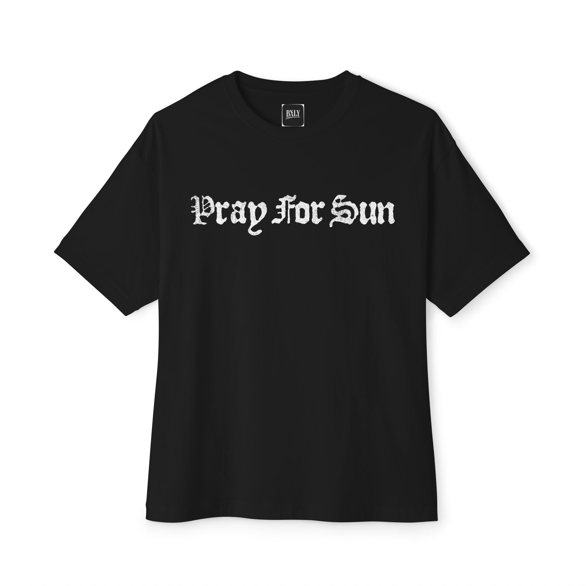 Pray for Sun Boxy Tee — Gothic Script Black Oversized T‑Shirt